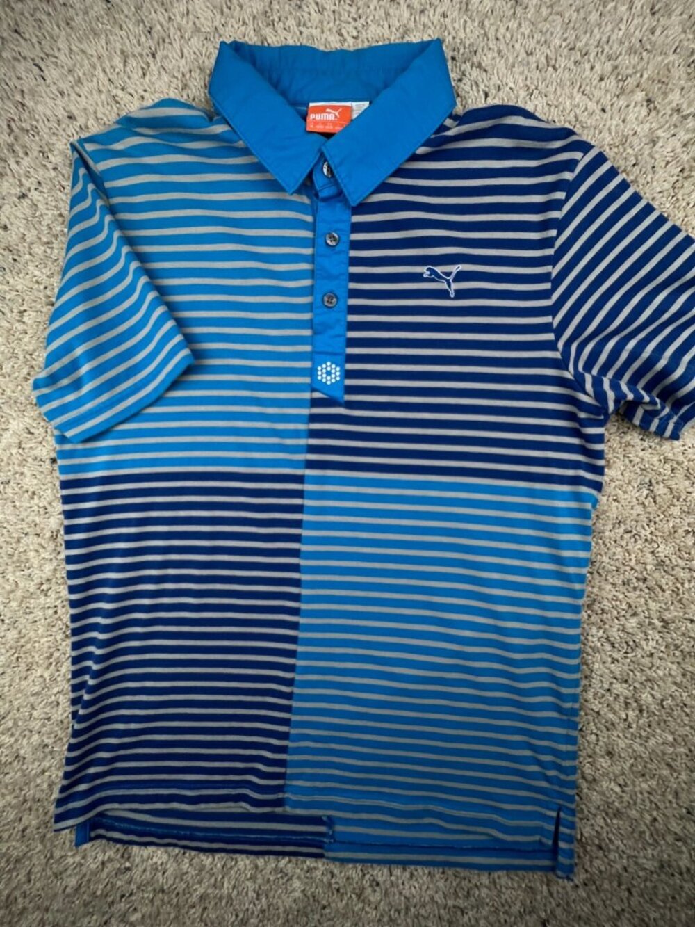 Puma Men’s Golf Polo Shirt Short Sleeve Blue Gray Striped Medium Casual Cotton - Picture 9 of 11